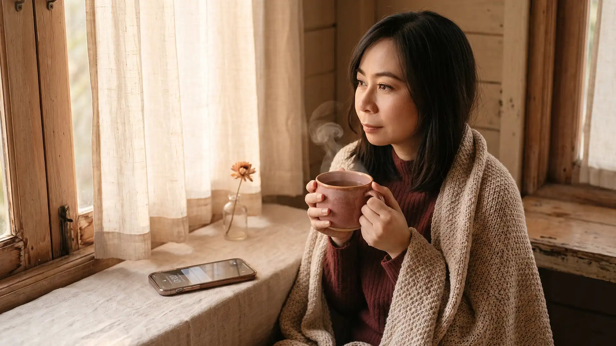 Woman holding tea by a window in a quiet, braced waiting moment of anxious attachment
