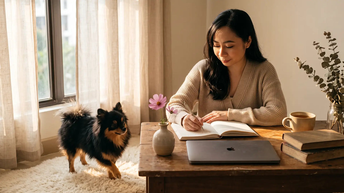 INFP woman writing in a journal at a sunlit home desk as a black and gold Pomeranian steps across the rug