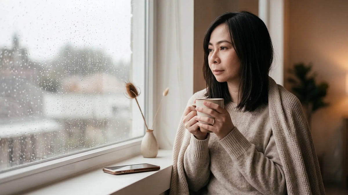 Woman by a rainy window holding tea, quietly experiencing compassion fatigue