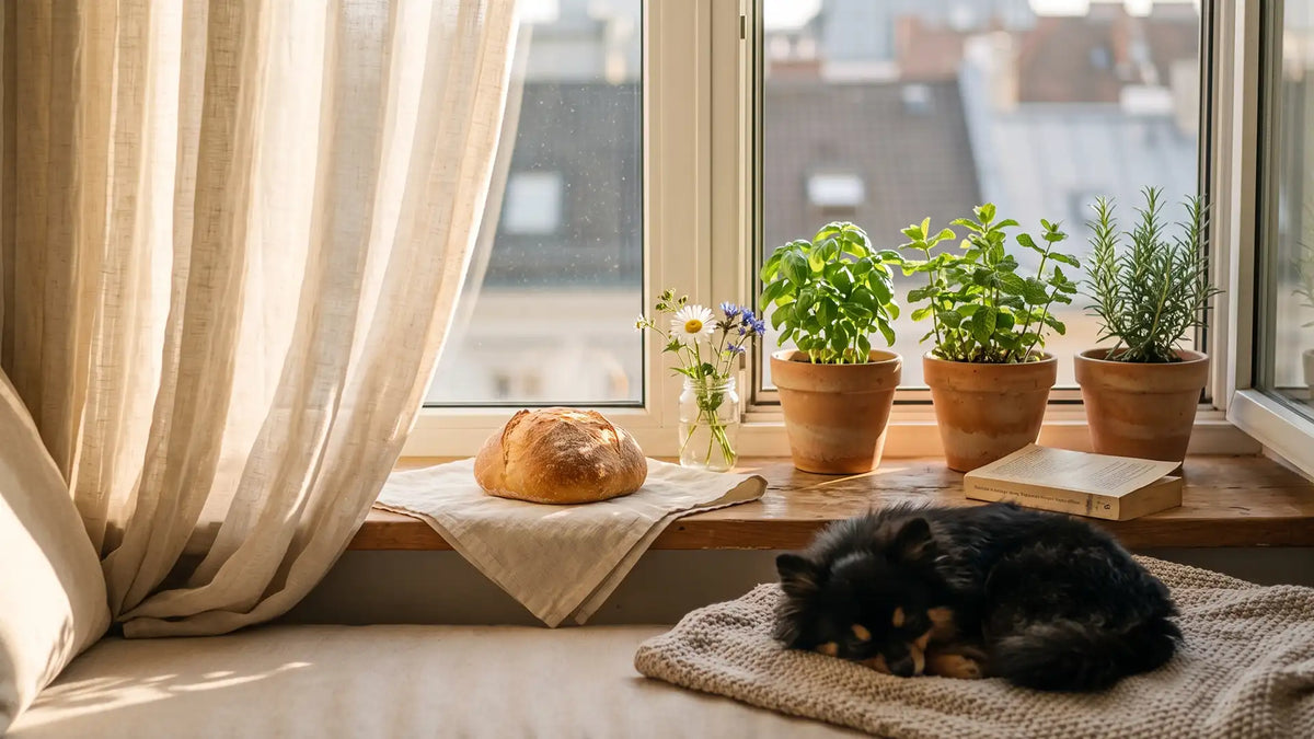 Cottagecore apartment windowsill with herb pots, fresh bread and a sleeping Pomeranian