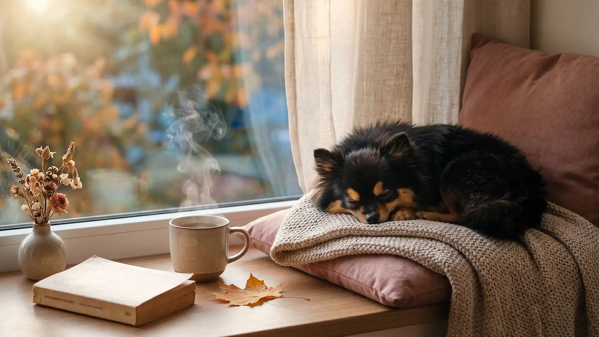 Steaming mug and knit blanket on a window seat, the softest of cozy autumn rituals