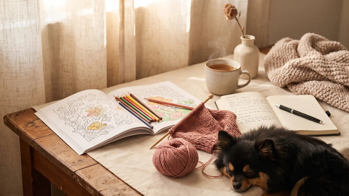 Cozy hobbies for introverts nook with coloring book, knitting, journal, and tea