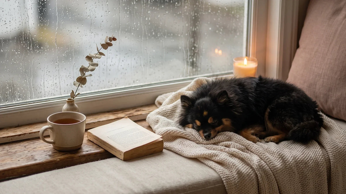 Munchkin the teacup Pomeranian asleep by a rain-streaked window, cozy rainy day ideas