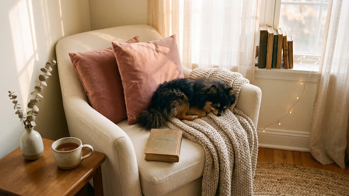 A cozy reading nook by a window with warm light, a knit blanket, and a small dog asleep