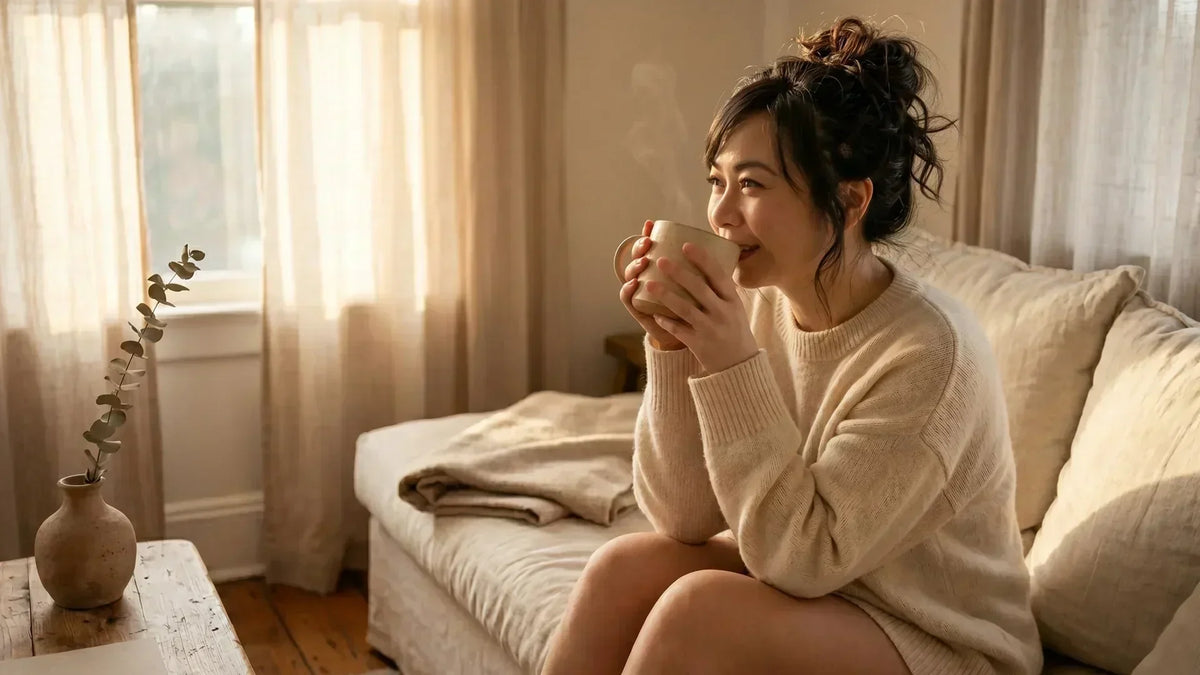 Sensitive woman holding a warm mug as part of her daily rituals for sensitive people