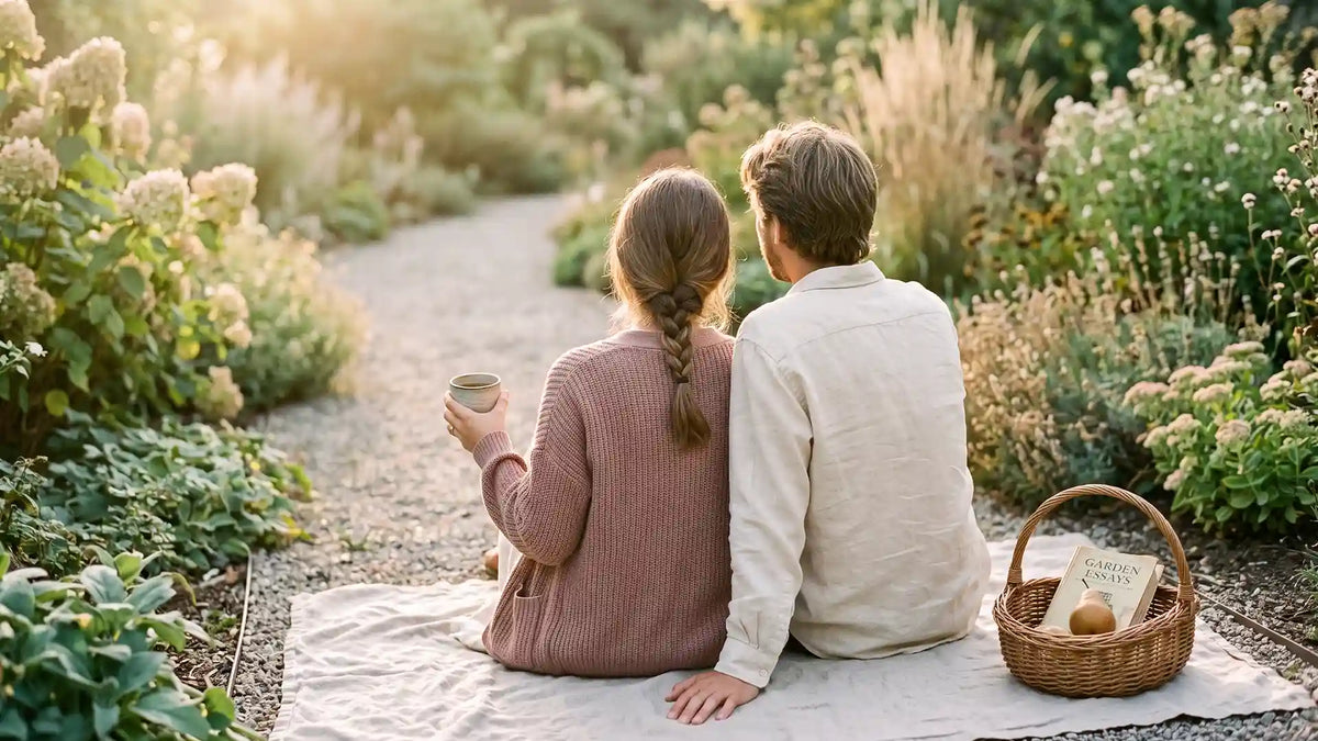 Two people sitting quietly on a blanket in a garden, a cozy date idea for introverts
