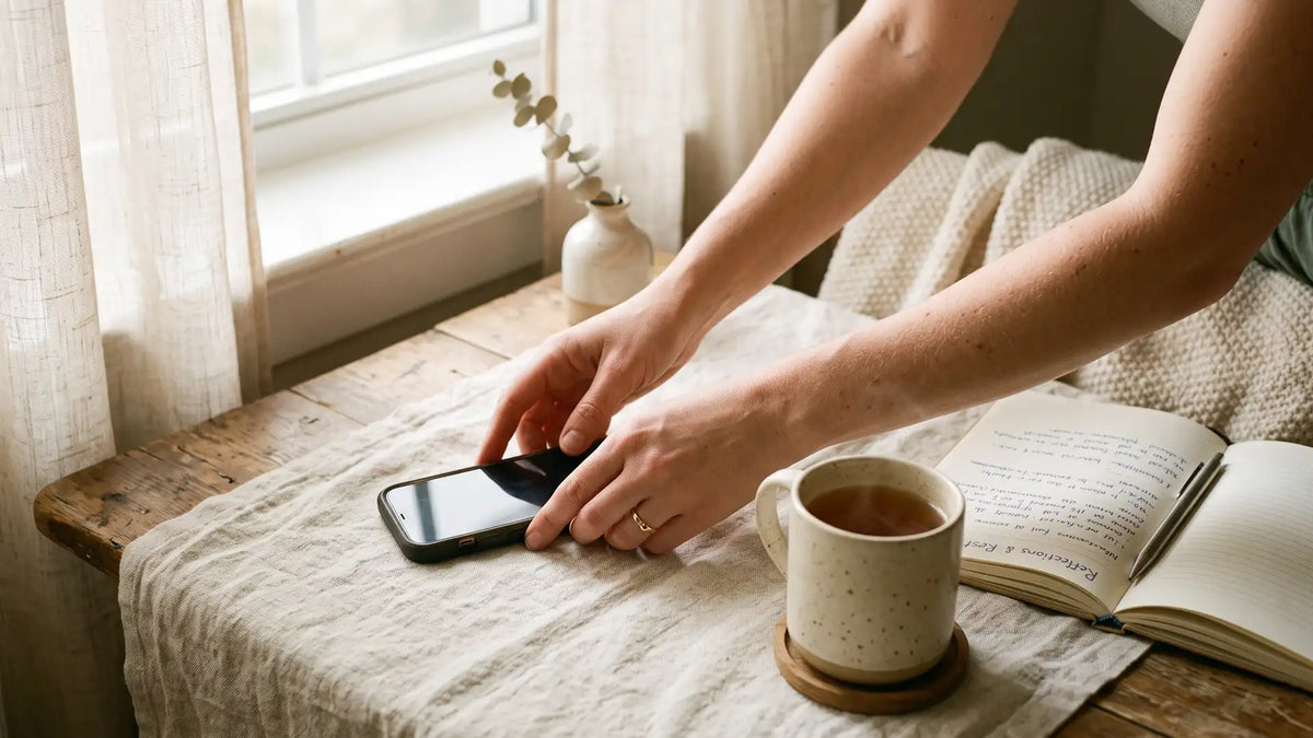 Hands placing a phone face-down beside tea and a journal, digital minimalism for sensitive people
