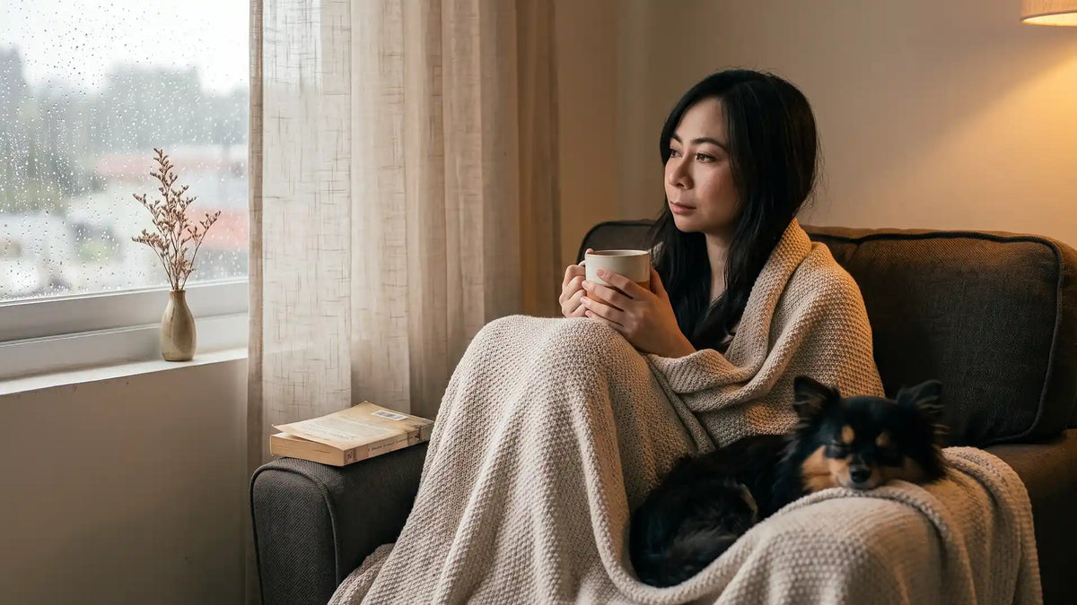 Woman lost in a daydream by a rainy window with her small dog asleep beside her