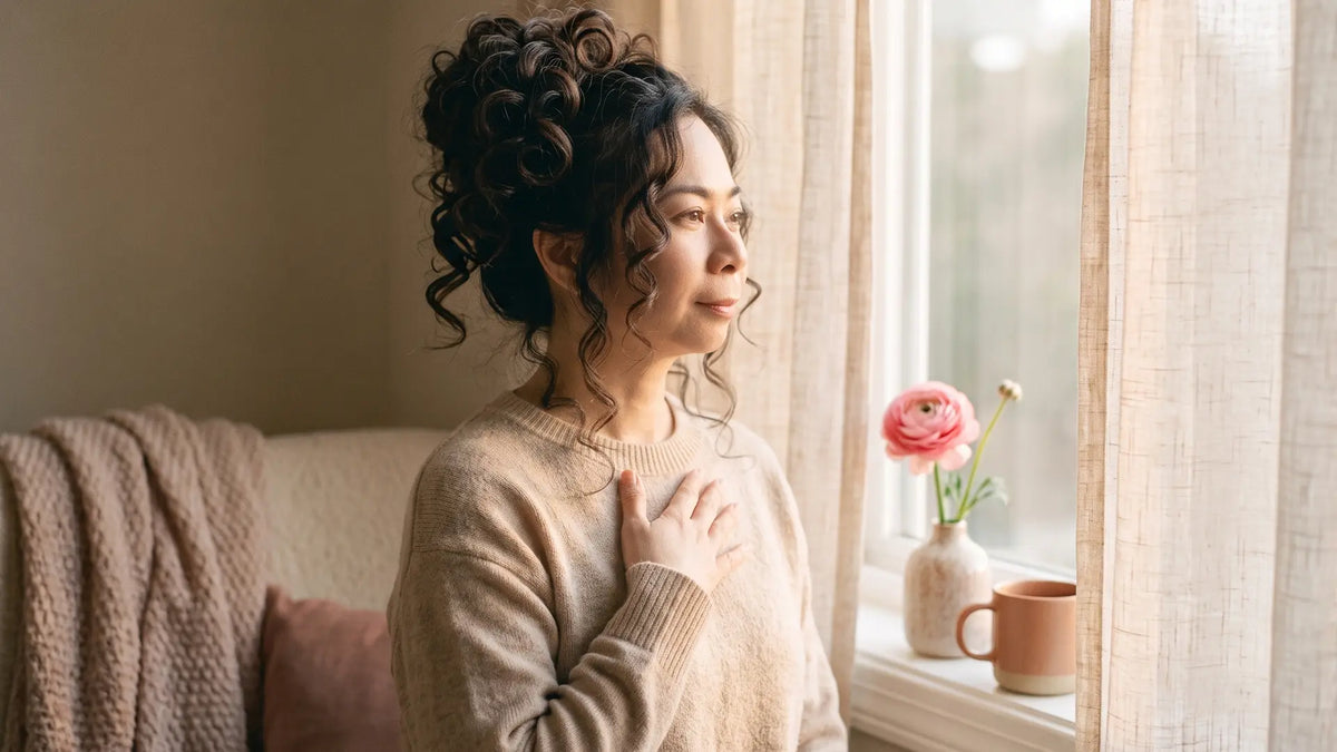 Woman with a hand over her heart in soft light, representing emotional boundaries for empaths