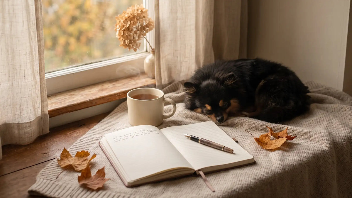 Open journal, tea, and a small black and gold Pomeranian in soft autumn window light