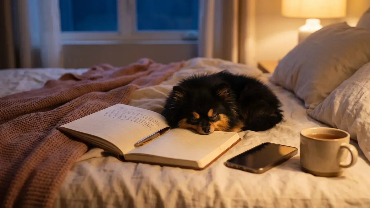 Journal open beside a face-down phone at night, a soft answer to feeling behind in life
