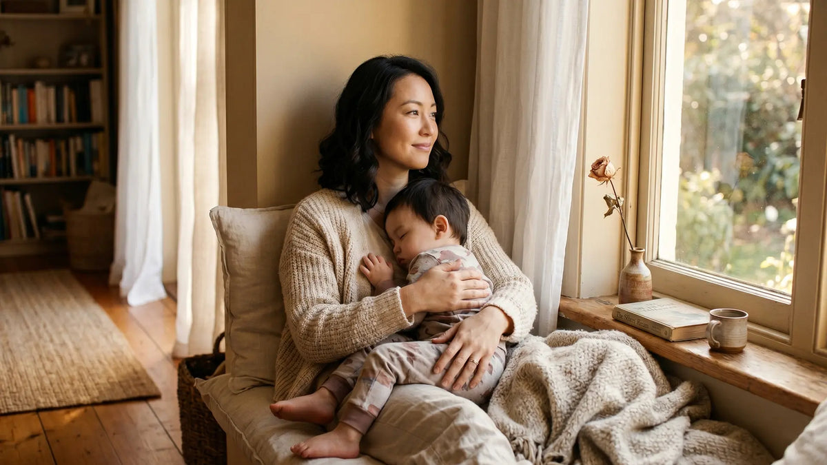 Sensitive mom practicing gentle parenting, holding sleeping toddler in soft golden light