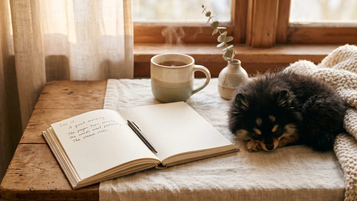 Open gratitude journal in warm light with a small dog asleep nearby, for sensitive souls