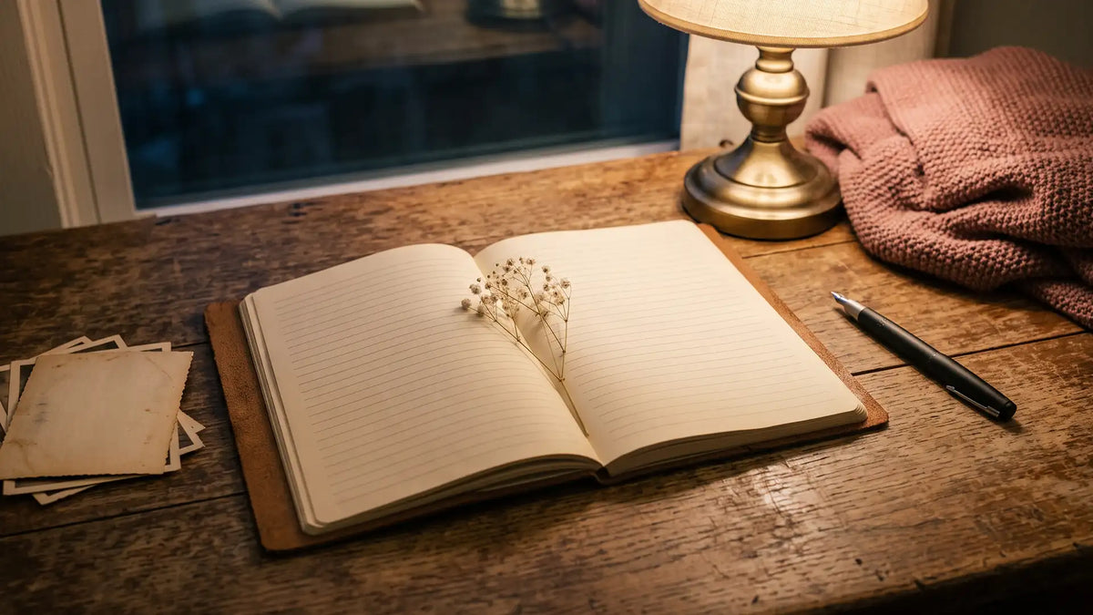 An open journal and pen in warm lamplight, waiting for grief journal prompts