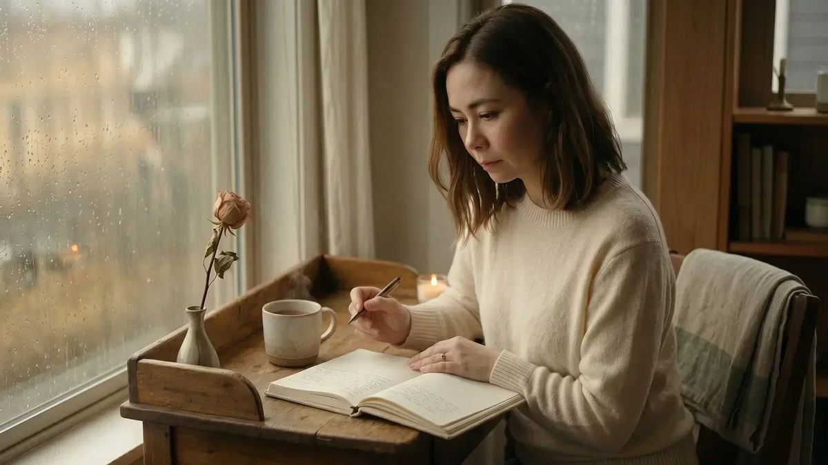 Woman pausing during grief journaling at a rainy window with tea and an open journal