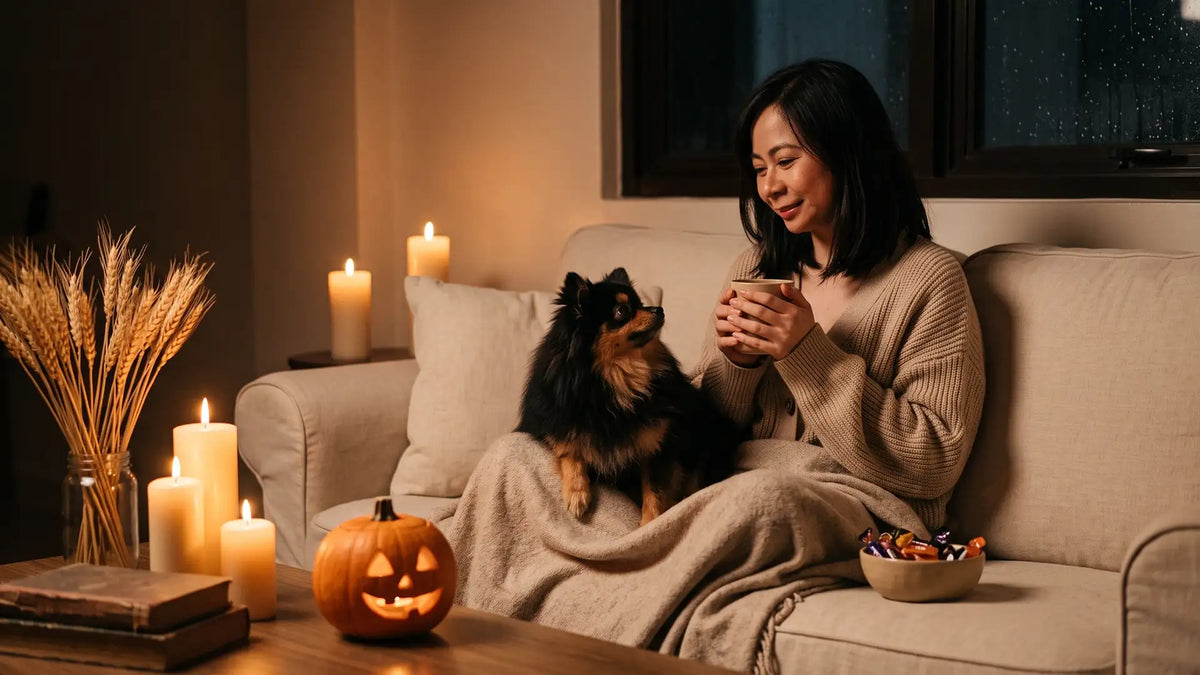 Woman under a blanket holding a mug by candlelight, Munchkin the Pomeranian in her lap looking up at her