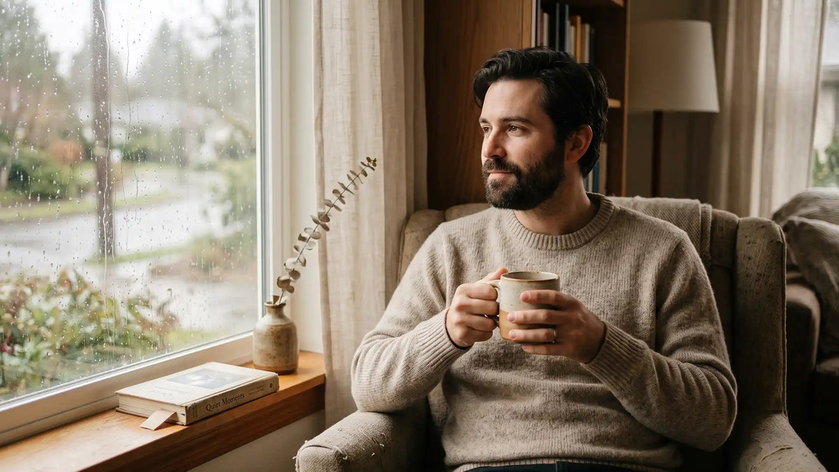 A highly sensitive man holding a warm mug by a rainy window in soft natural light
