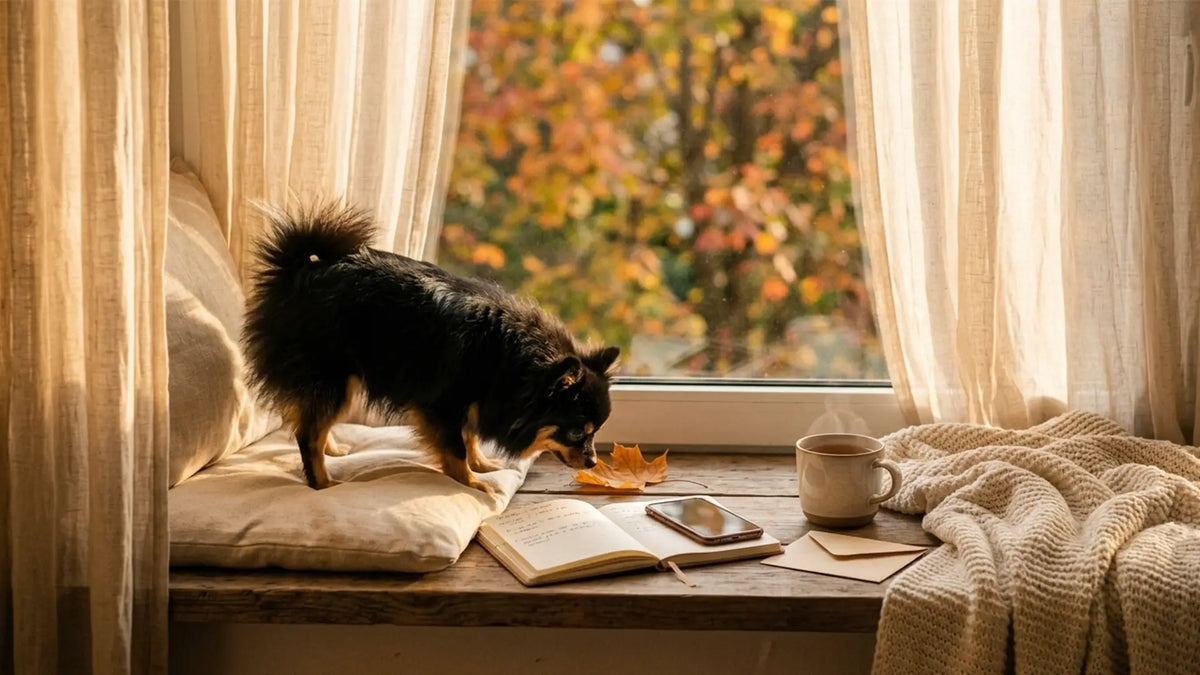 Open journal, tea, and a face-down phone on a windowsill as Munchkin sniffs a fallen maple leaf