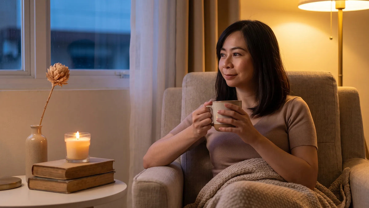 A woman enjoying being alone with tea in warm evening light