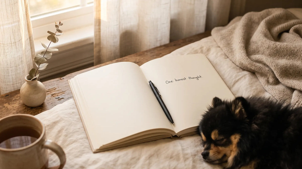 An open journal with one written line in soft morning light, the gentle way to journal consistently