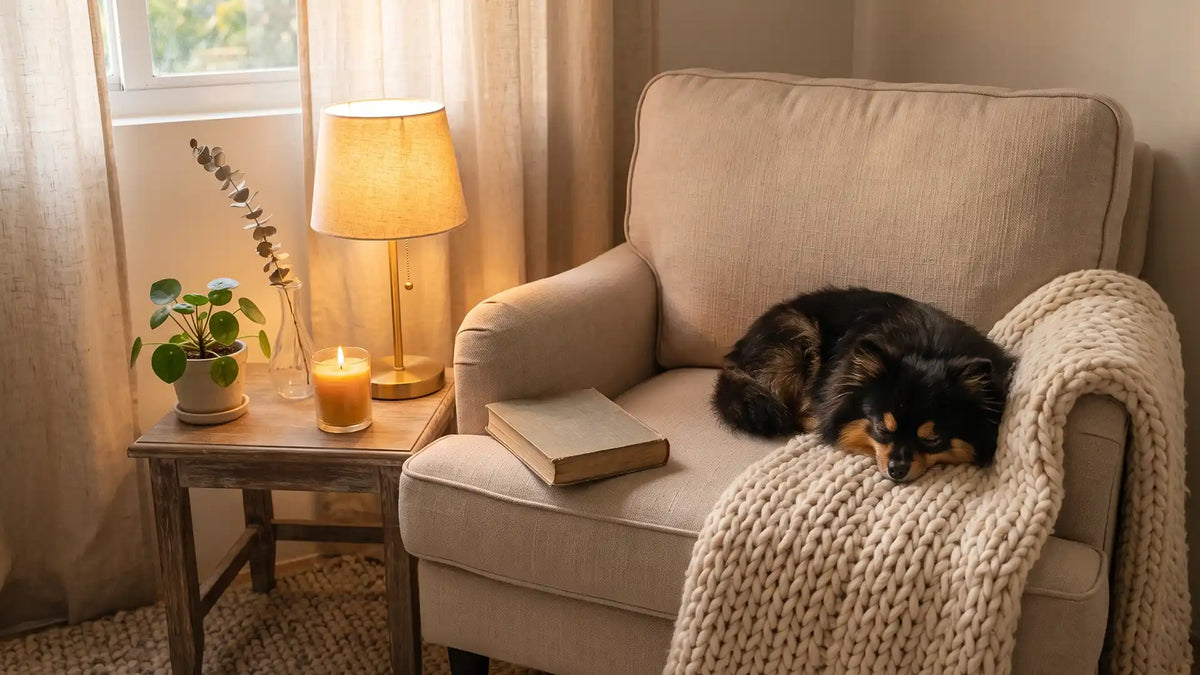 A cozy golden-hour living room corner showing how to make your home a sanctuary