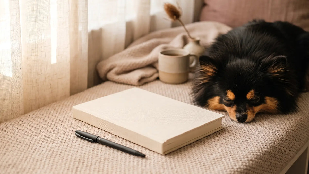 A closed journal and sleeping Pomeranian, the quiet invitation to start journaling