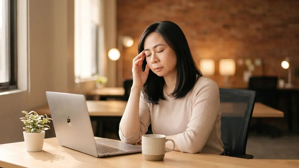 A highly sensitive person at work pausing to breathe at her desk in soft daylight