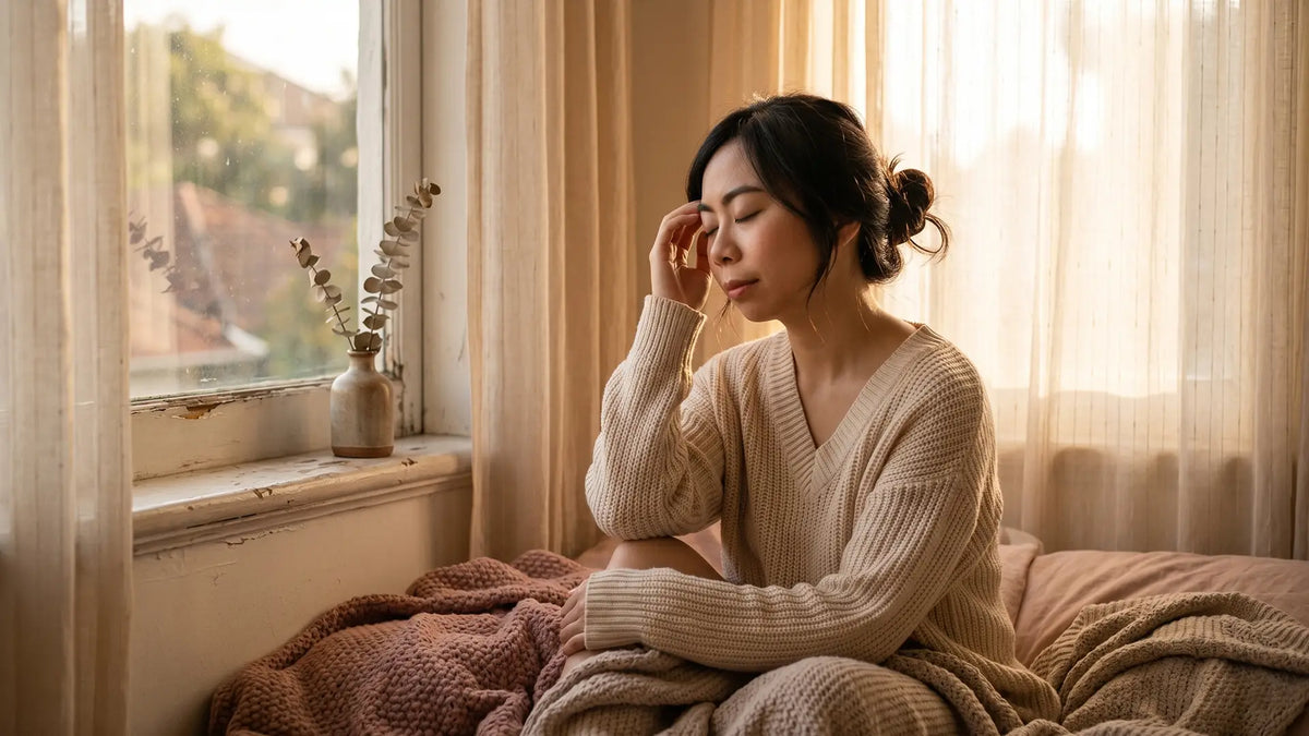 Highly sensitive woman taking a deep breath by a sunlit window during sensory recovery