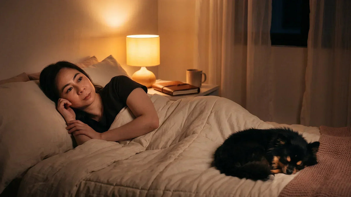 Woman lying quietly awake at night in warm lamplight, the familiar HSP sleep struggle
