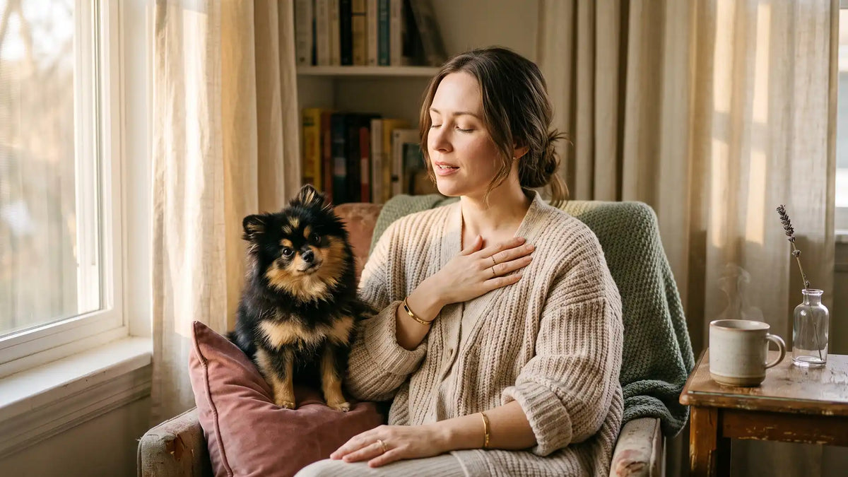 Woman with her hand on her chest taking a calming breath as Munchkin the Pomeranian watches from a cushion