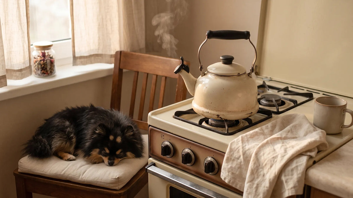 A kettle softly steaming with Munchkin asleep nearby, a gentle image of quiet INFP anger building