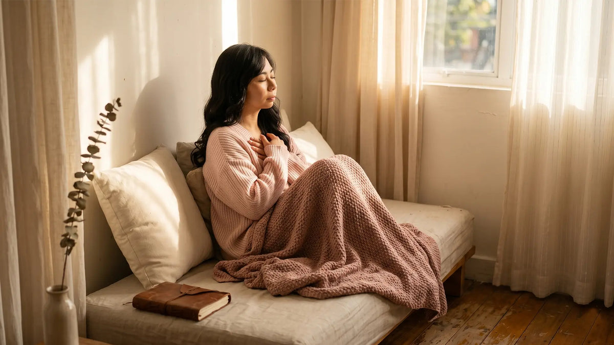 Young woman resting softly during INFP burnout recovery in a sunlit cozy corner