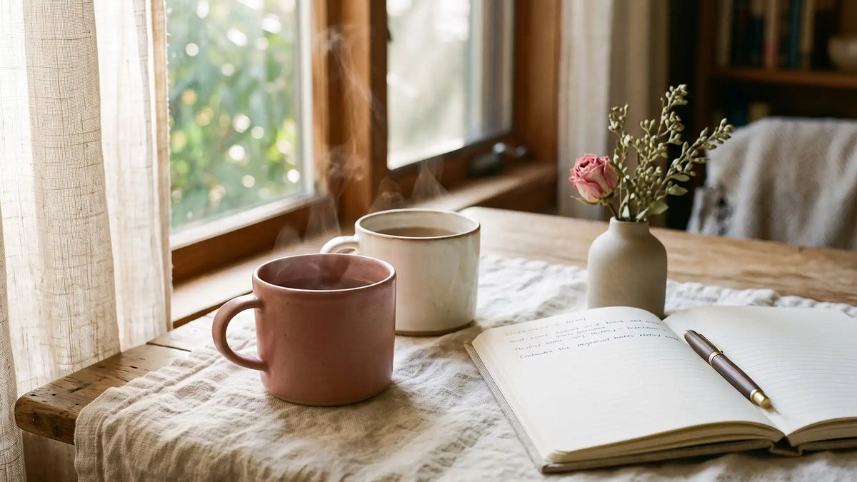 Two warm mugs of tea side by side on linen beside an open journal, soft morning light.