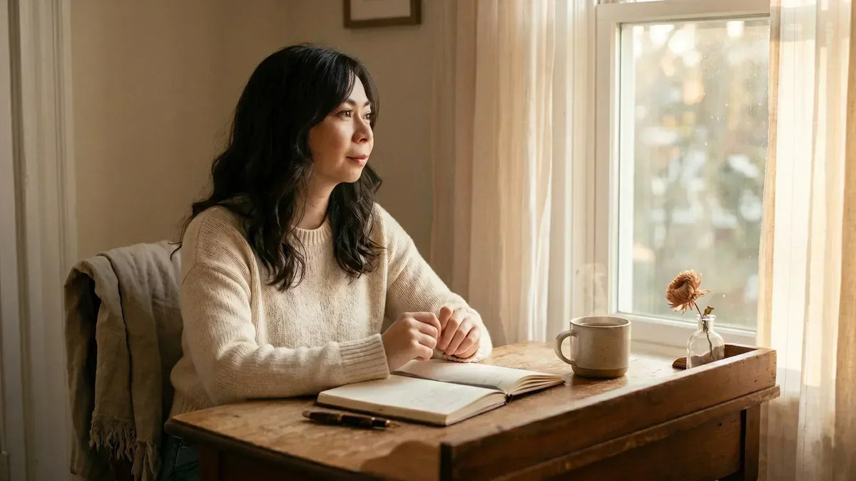 INFP creative block: woman pauses gently at a sunlit writing desk with open journal