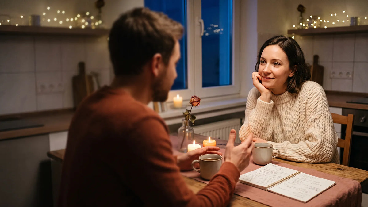 A woman listening warmly as a man tells an animated story at a candlelit kitchen table