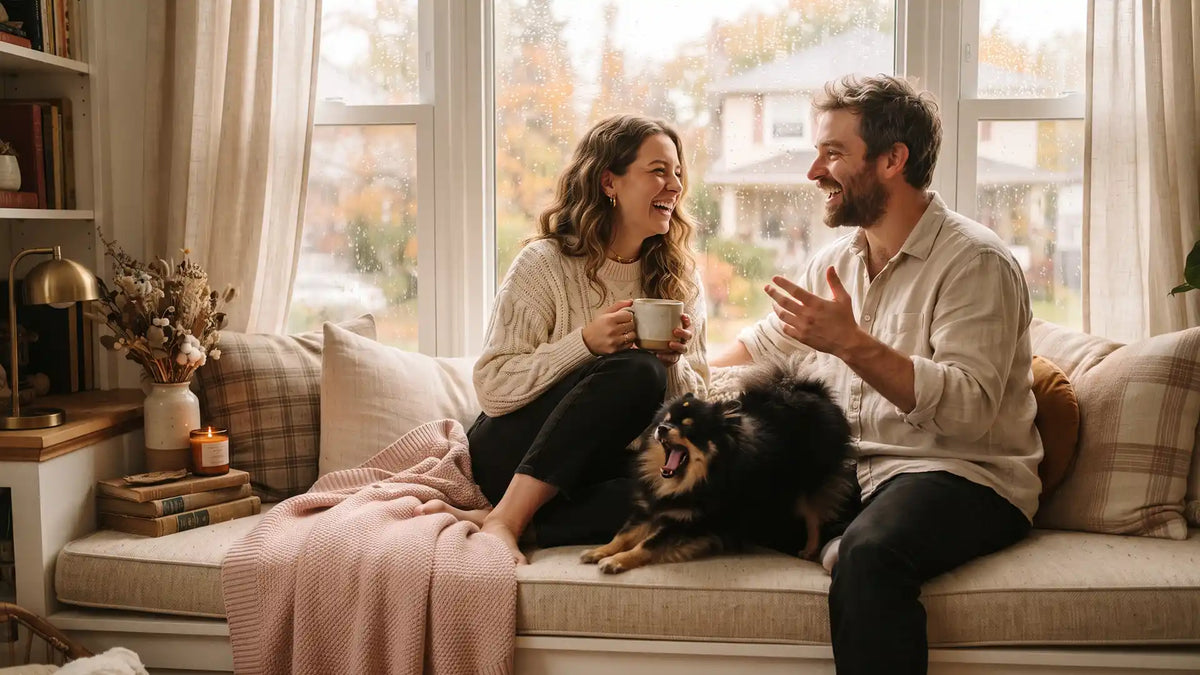 Couple laughing on a cozy window seat as Munchkin the Pomeranian stretches mid-yawn beside them