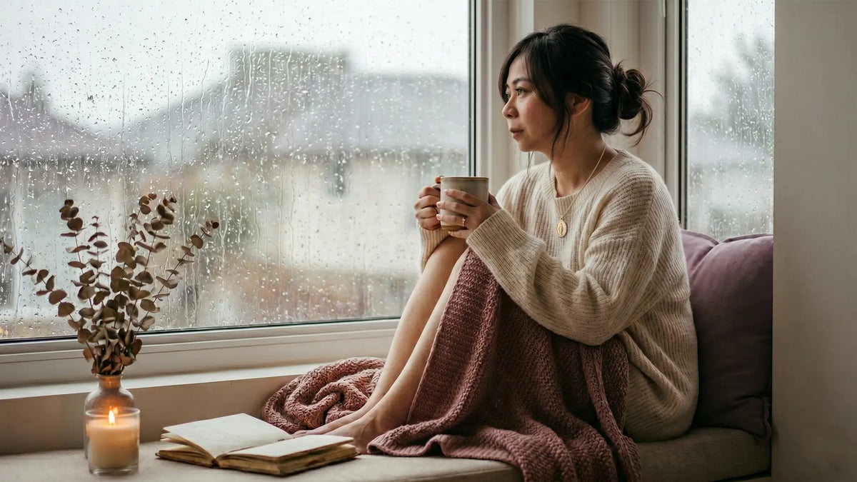 INFP woman sitting quietly by a rainy window holding a warm mug during existential dread