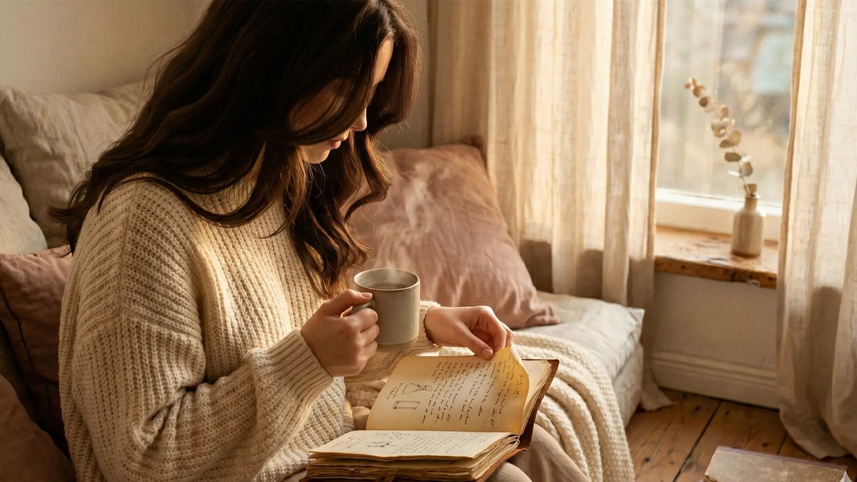 INFP female journaling softly by a sunlit window in a cozy reading nook
