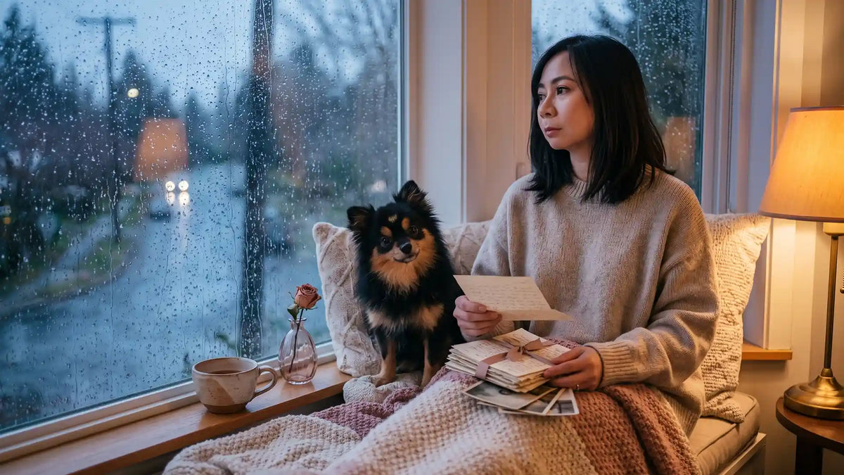 Woman reading old letters by a rainy window while Munchkin the Pomeranian sits beside her