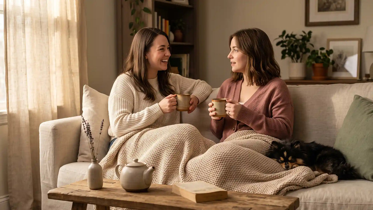Two close friends talking softly over tea under a shared blanket, a small dog asleep nearby