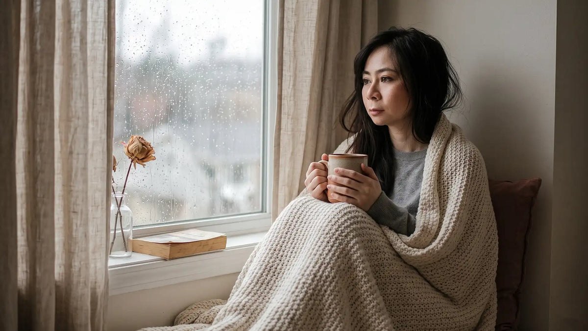 A woman in soft solitude by a rainy window, the quiet ache of INFP heartbreak