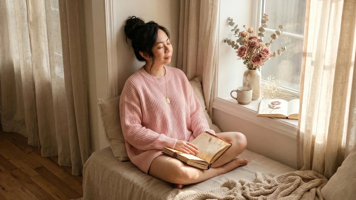 Young woman daydreaming softly by a sunlit window, capturing the INFP inner world