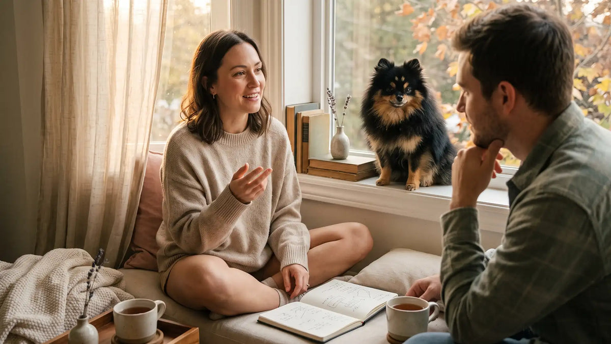 INFP and INTP couple talking on a window seat while Munchkin the Pomeranian watches from the sill