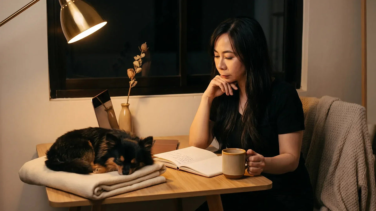 Woman weighing INFP jobs that pay well at a warm lamplit desk at night