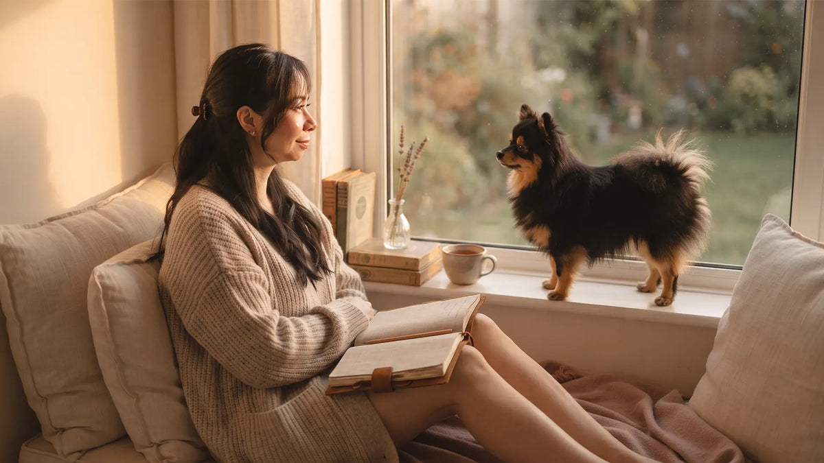 Woman in her 30s on a window seat with a journal, Munchkin the Pomeranian perched on the sill