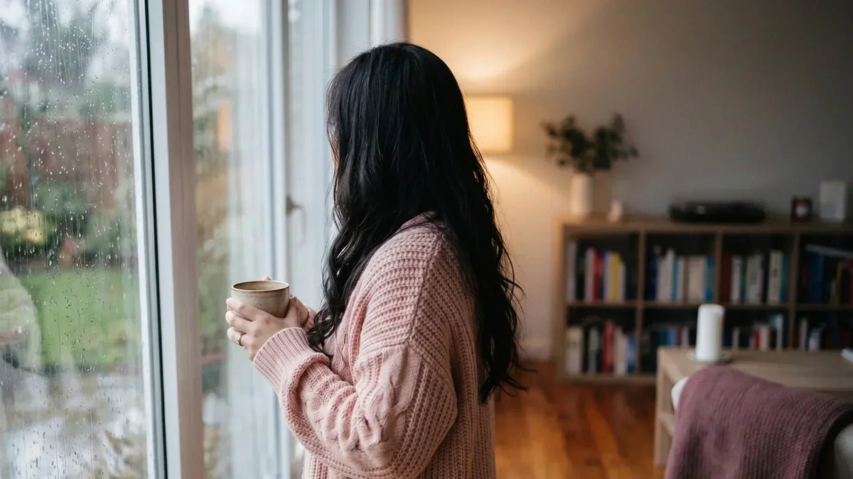 Lonely INFP woman sitting quietly by a sunlit window holding a warm mug