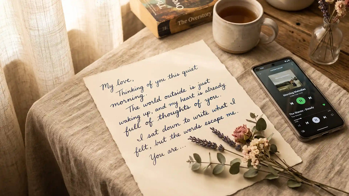A handwritten love letter and a playlist in soft golden light, the INFP love language