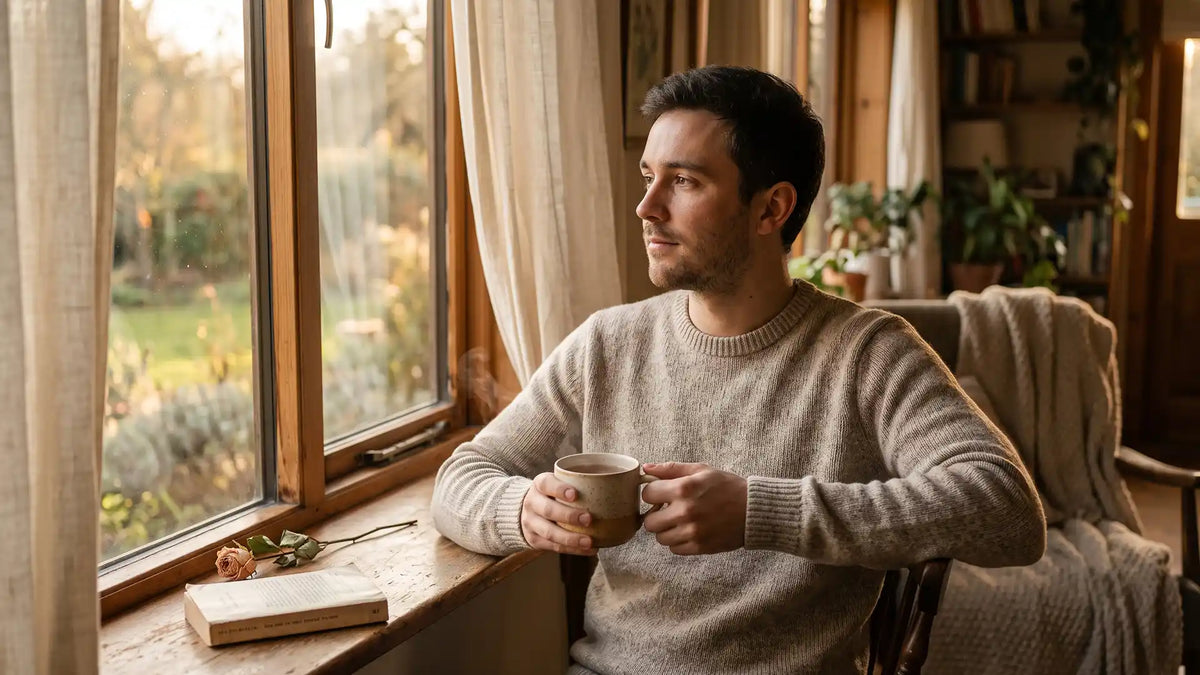 INFP male sitting by a window in soft golden light, quietly feeling