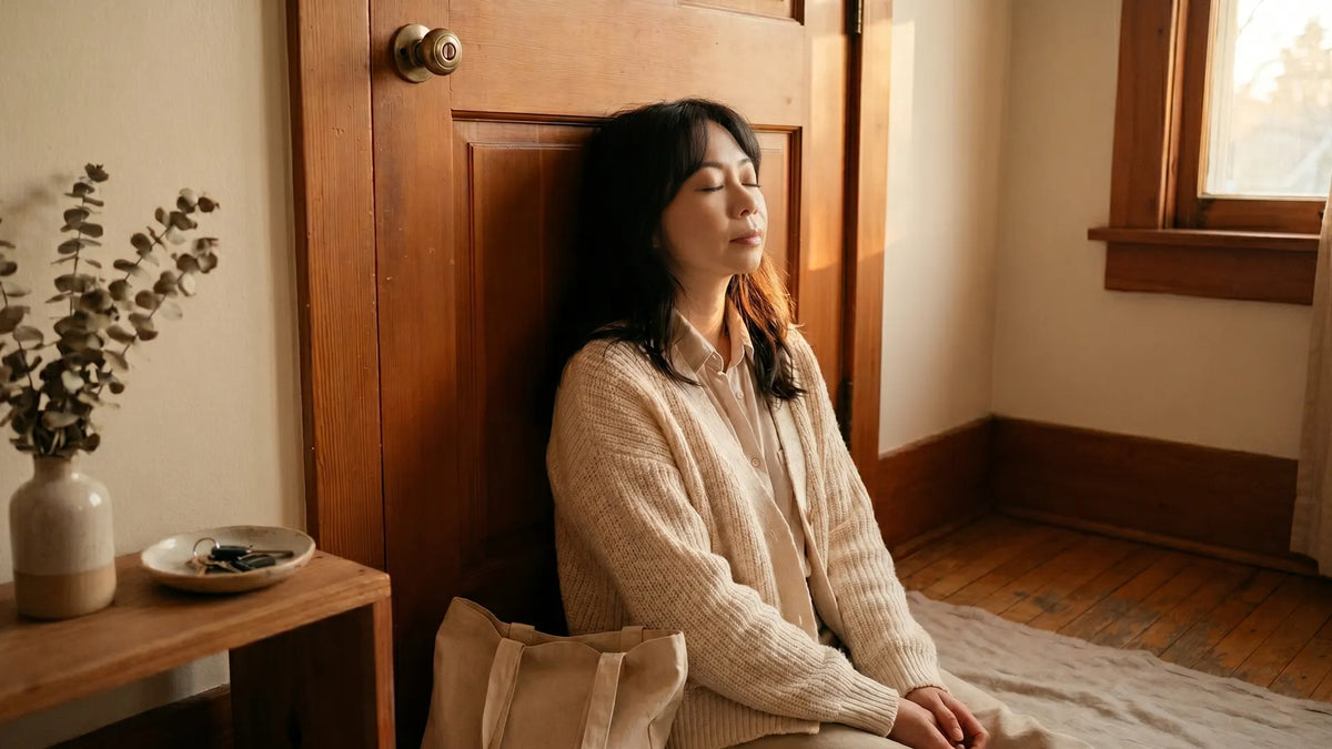 INFP masking exhaustion, woman exhaling against her front door after a long day