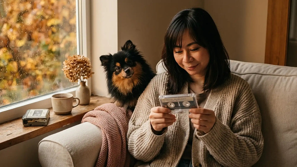 Woman holding an old cassette by a rainy autumn window, Munchkin the Pomeranian peeking over the sofa arm
